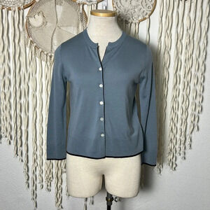Gentle Herd NWT Contrast Trim Button Down Wool Cardigan in Blue Gray Small